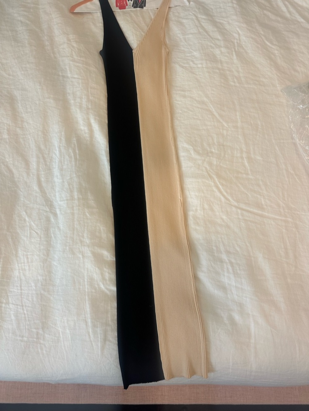 STAUD Two-Tone Ribbed Midi Dress in Black and Beige